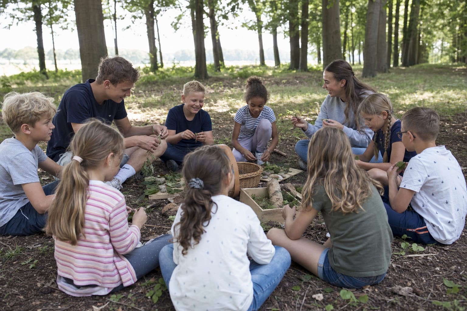 Kinderen en leiding in een kring buiten bij Jong Nederland Liessel