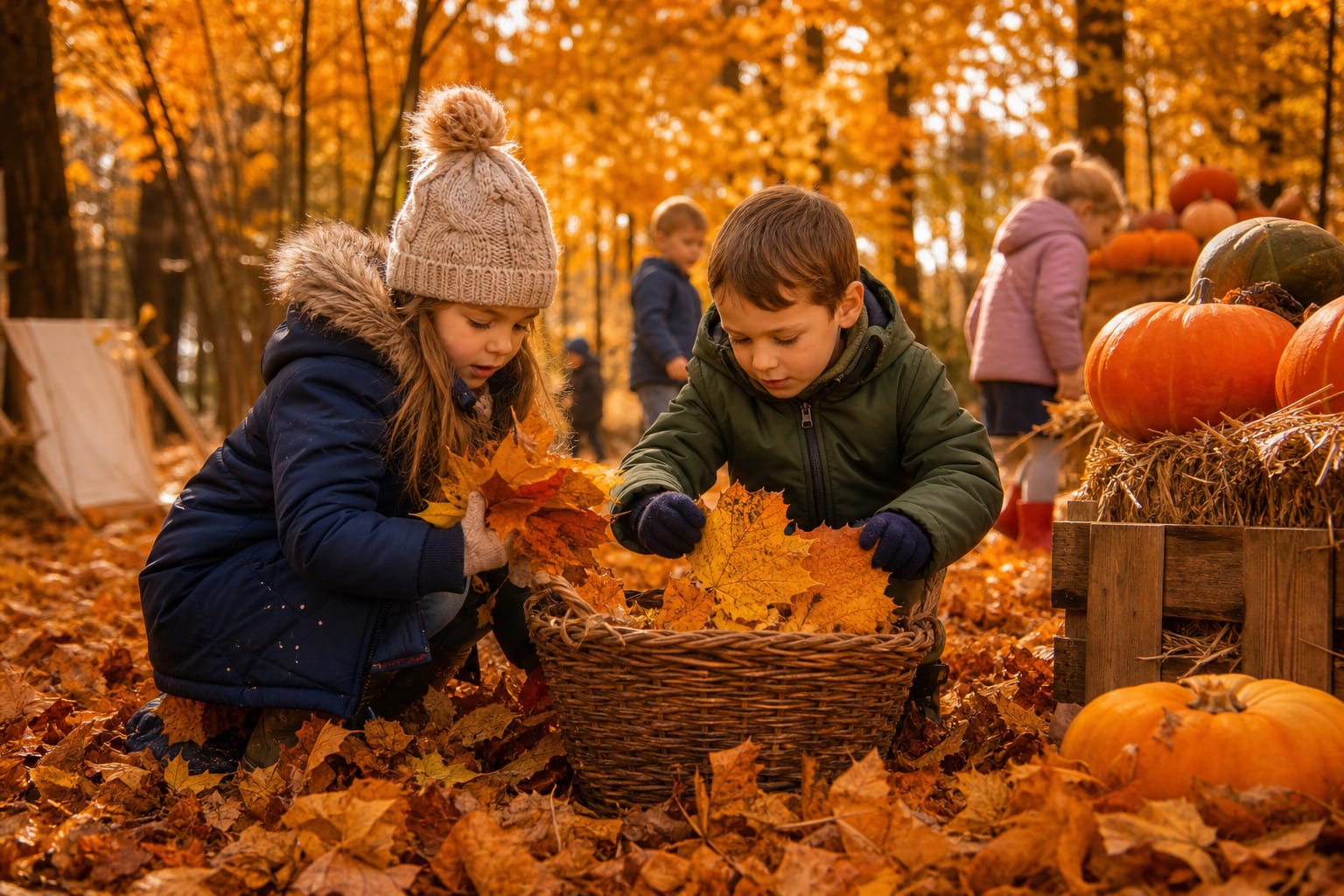 Kinderen verzamelen bladeren tijdens het herfstspektakel
