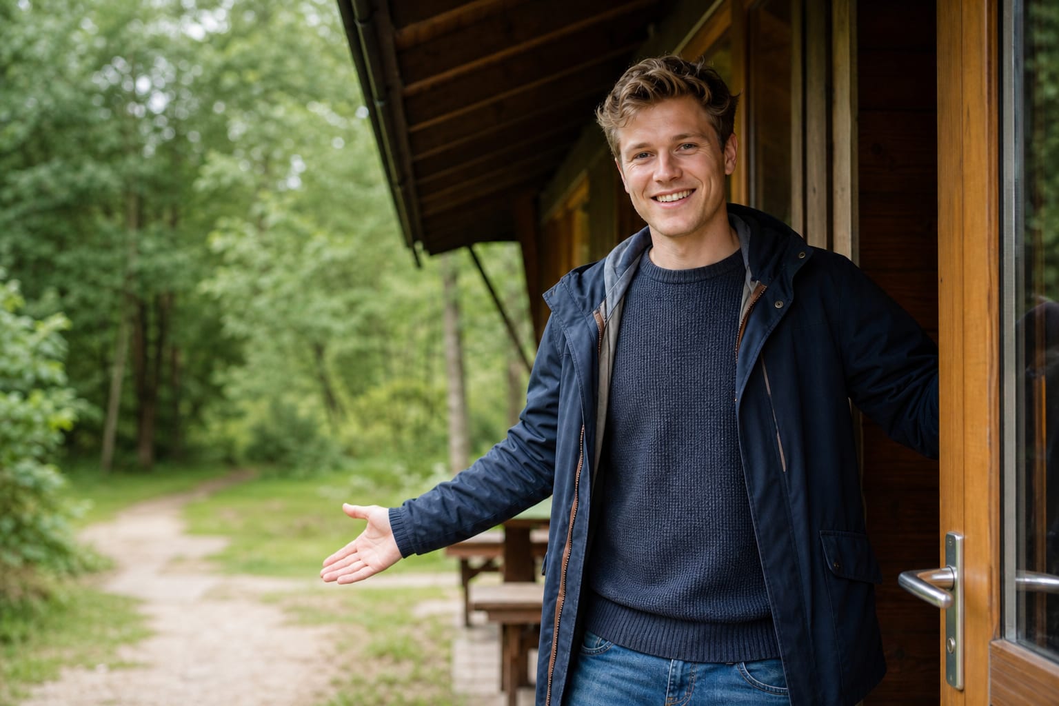 Vriendelijke leiding bij de ingang van de blokhut