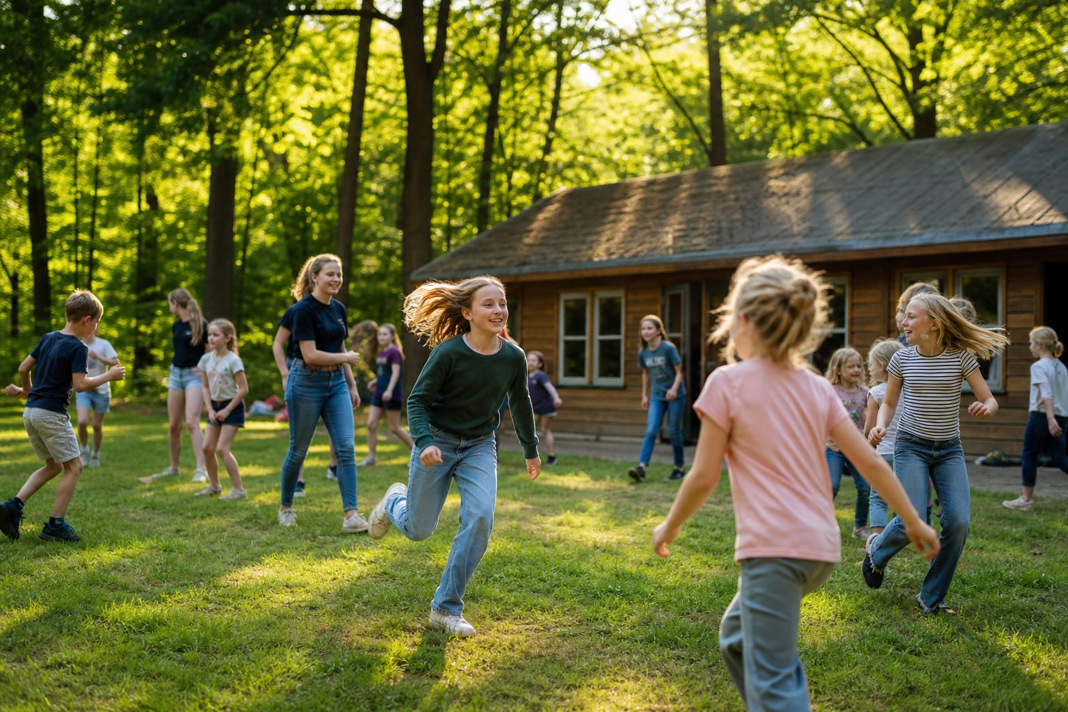 Kinderen en leiding spelen samen buiten bij de blokhut