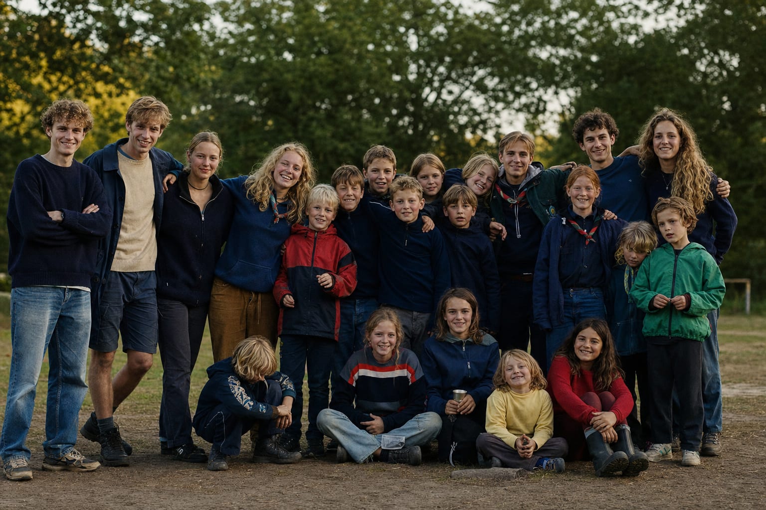 Groepsfoto van kinderen en leiding van Jong Nederland Liessel