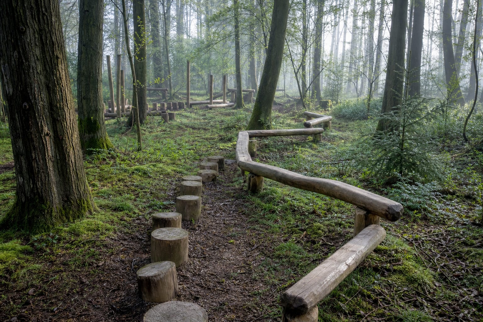 Houten evenwichtsbalken en stapstammen in het speelbos