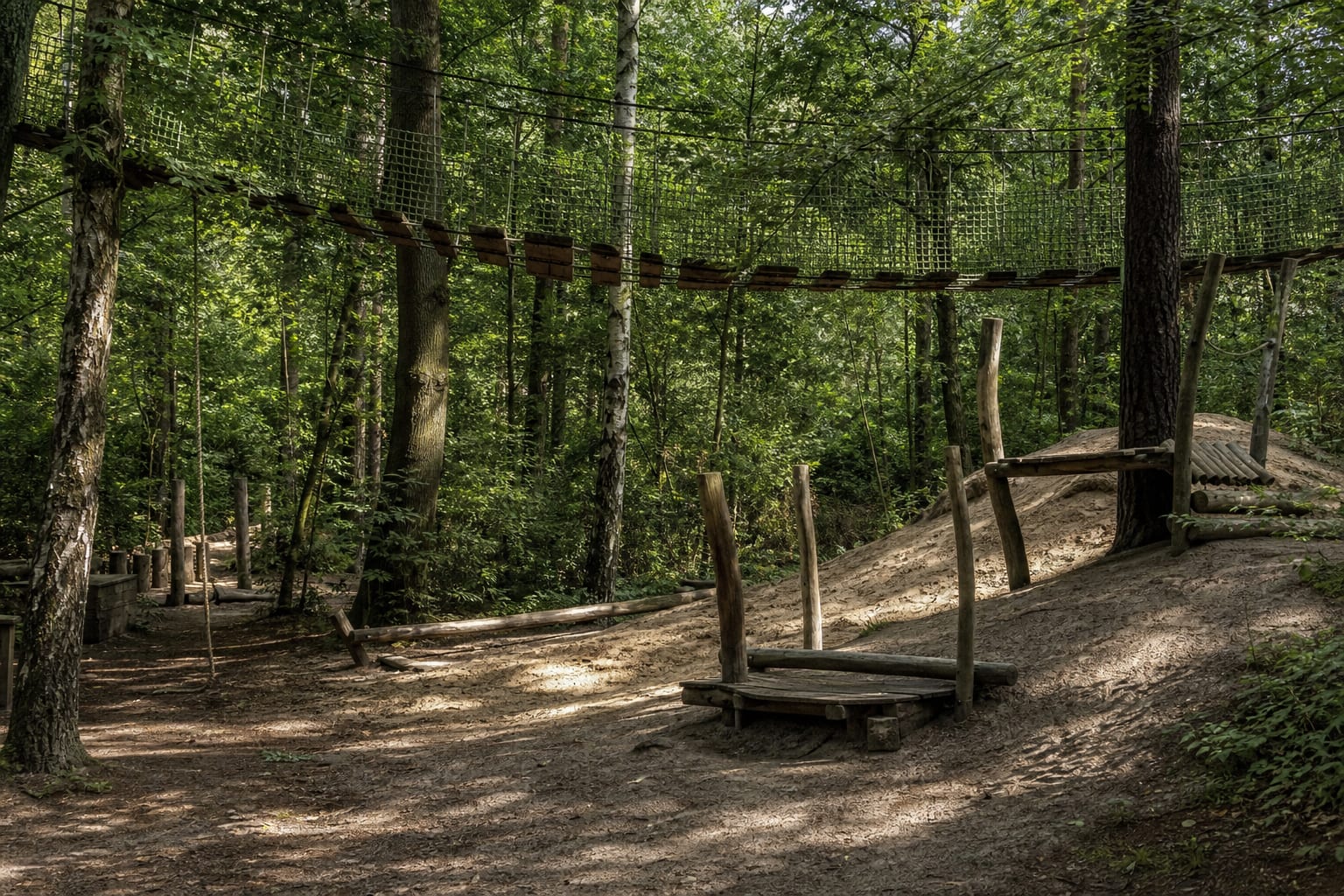 Natuurlijk speelbos met klimstammen en touwbrug